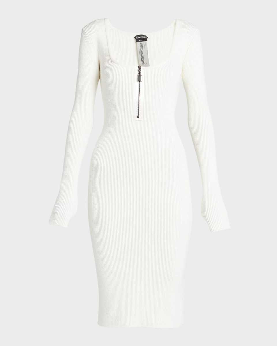 Square-Neck Zip-Front Rib Dress, 5gg